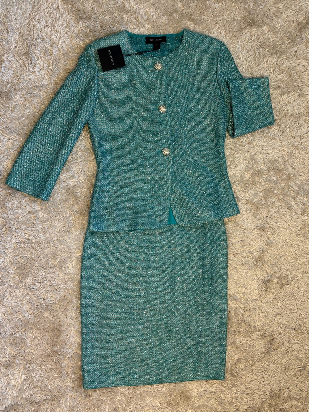 St. John Teal blue Bouclé Button Jacket & dress suit size 2 NWT